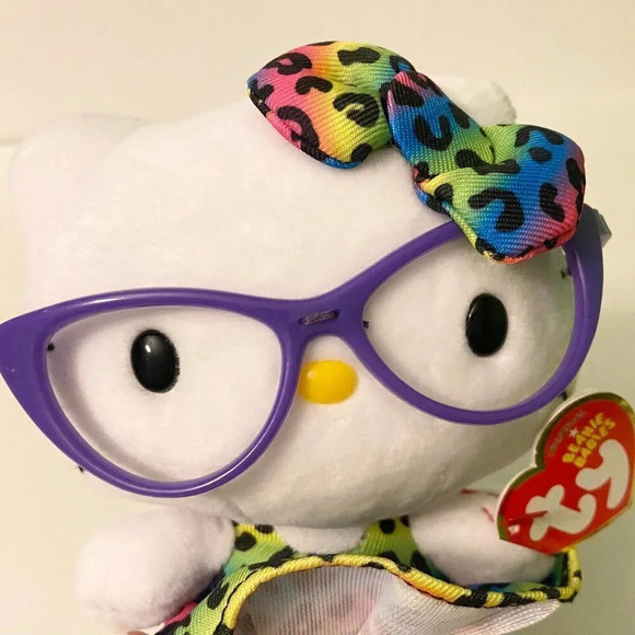 Hello Kitty Ty Beanie Babies Sanrio Plush 6 Inch Purple Glasses Rainbow Dress - Picture 5 of 14